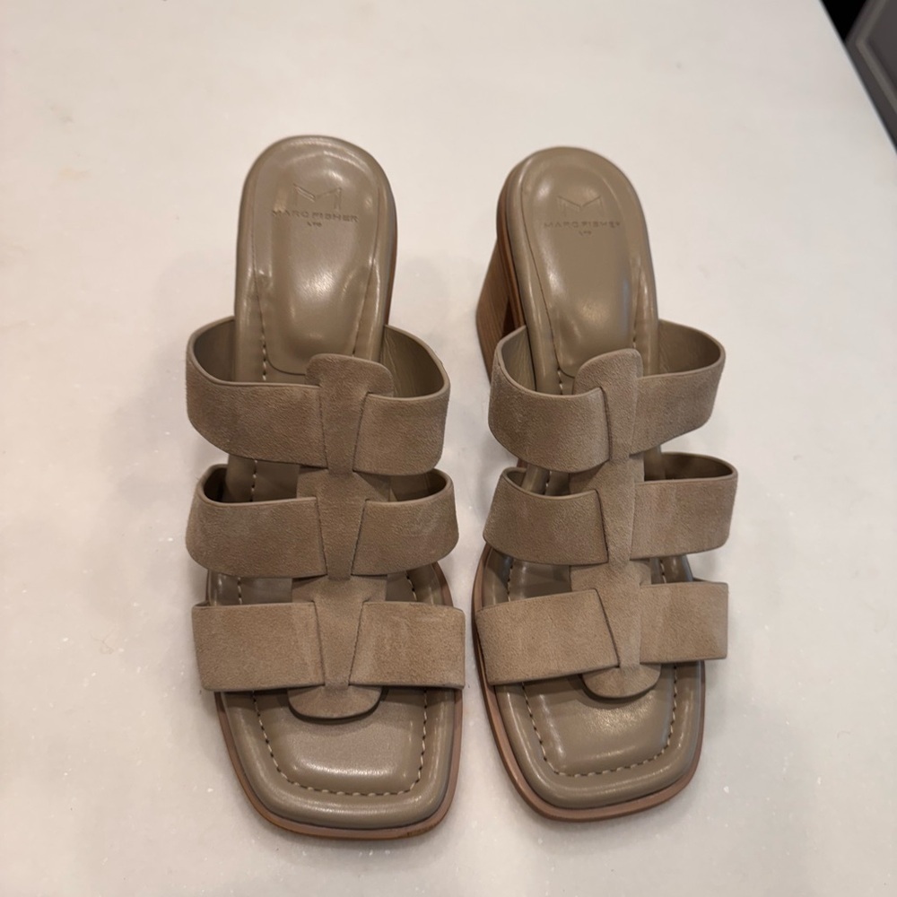 Marc Fisher LTD Louisa Leather Block Heel Slip On Sandals Gray Size 10 NEW - Picture 9 of 10